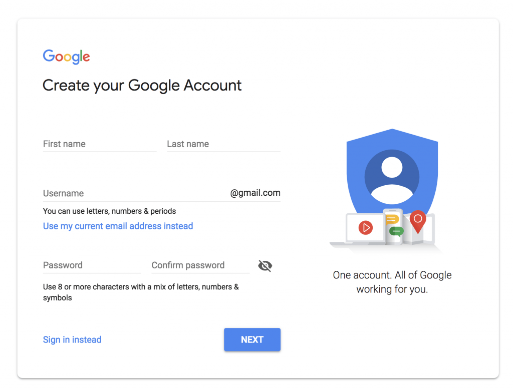 Create your Google account to sign up for YouTube