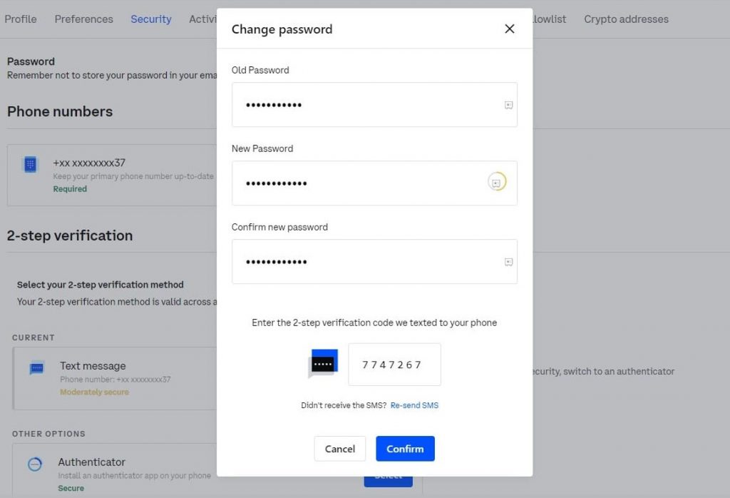 enter the new password and verification code