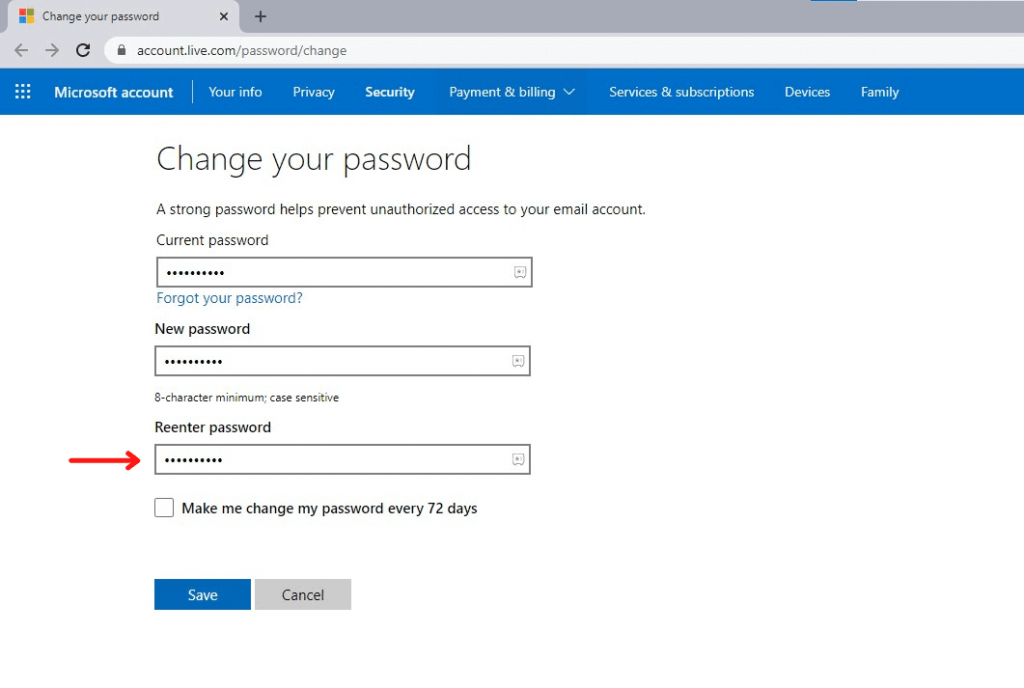 how to change hotmail password 