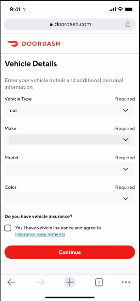 add vehicle details to sign up doordash 