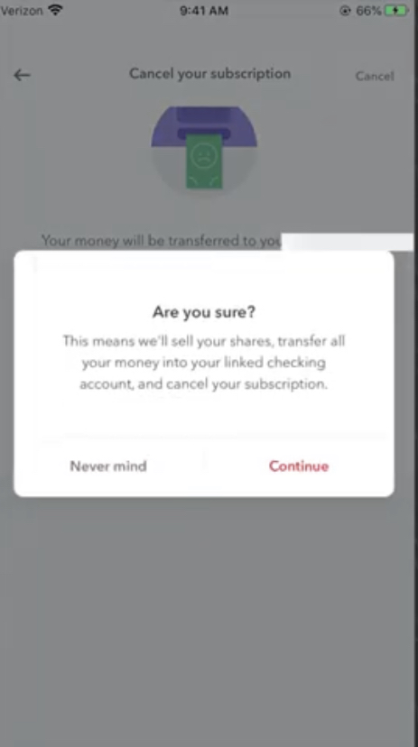 click the Continue option to delete your Acorns account