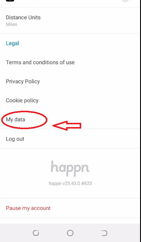 Click My data option to delete Happn account