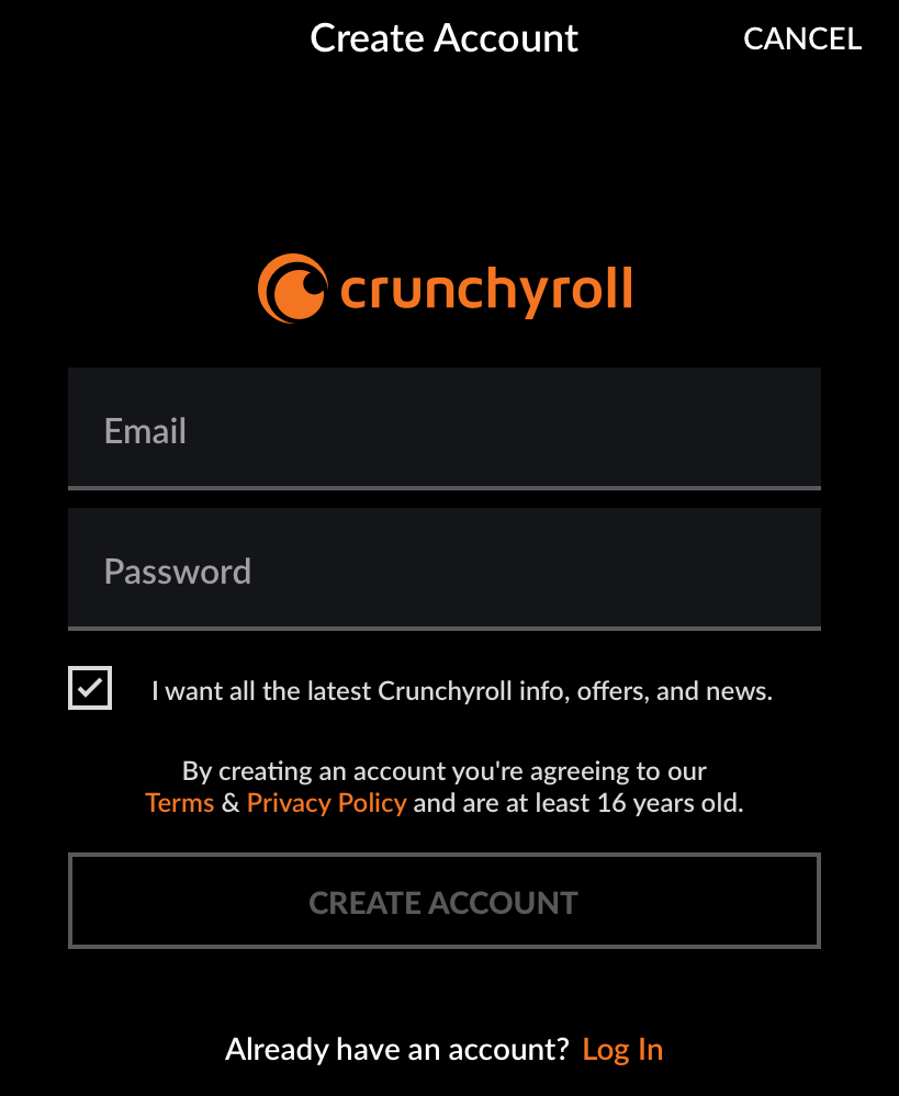 Crunchyroll Sign Up using app