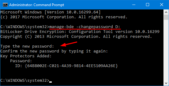 Enter the command manage-bde -changepassword d: and click Enter