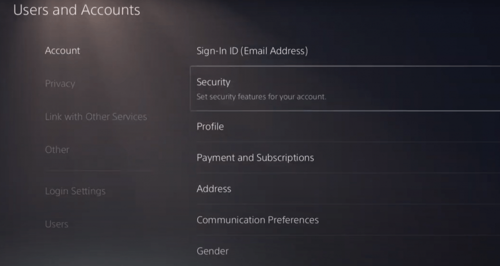 Select Security under Users and account page