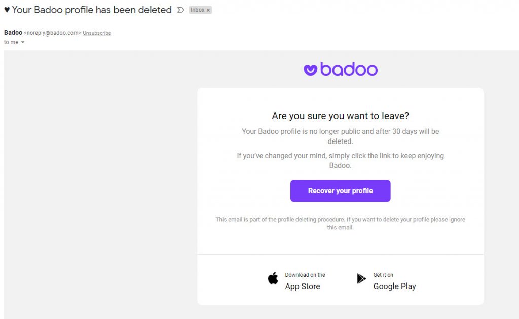 Your Badoo account has been deleted successfully