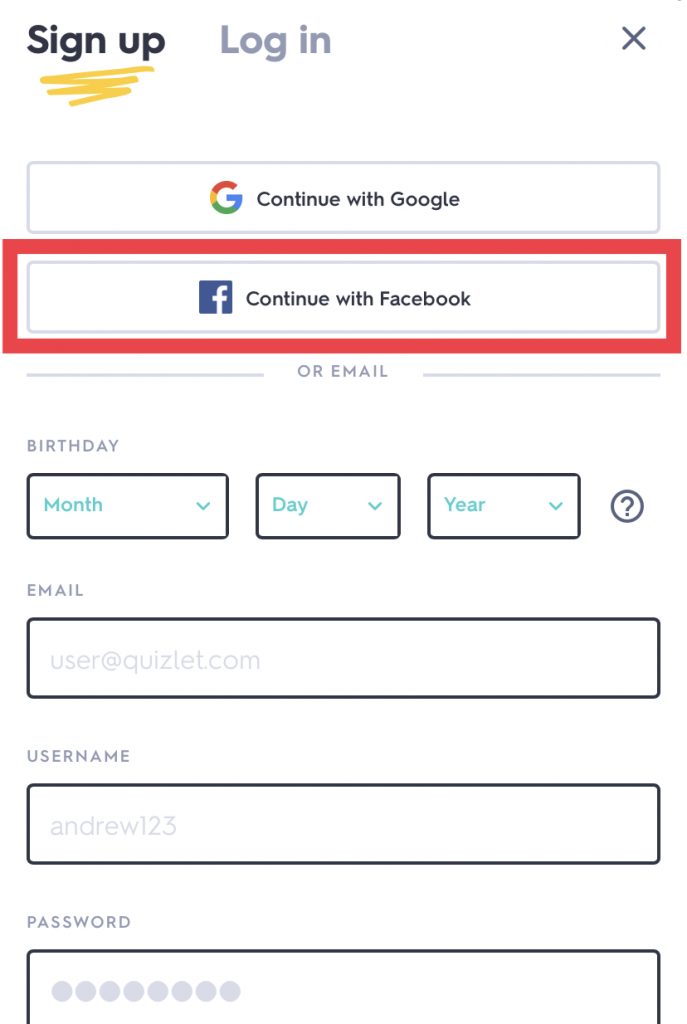 Click Continue with Facebook option