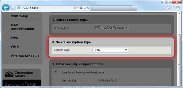 select the encryption type 