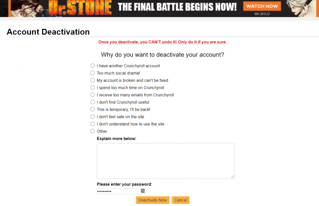 choose options to delete crunchyroll account 