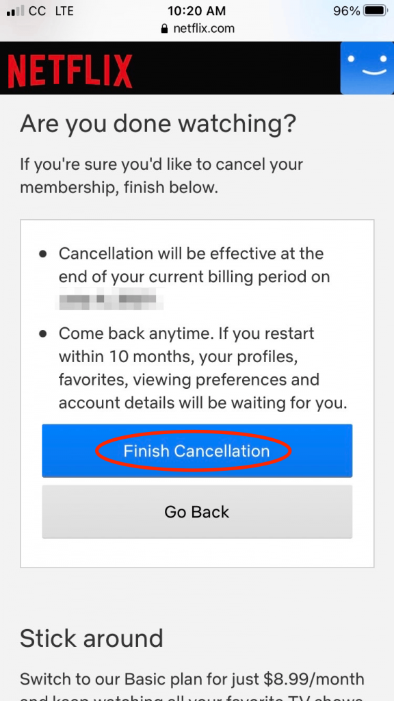 click on finish cancellation