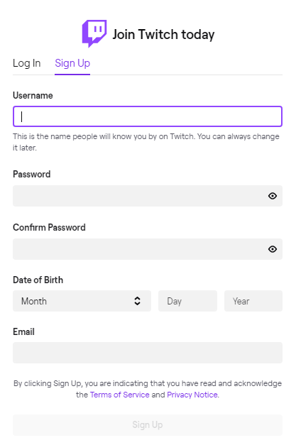 sign up twitch
