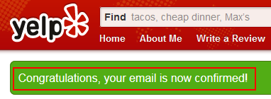 successful message for signing up yelp account 