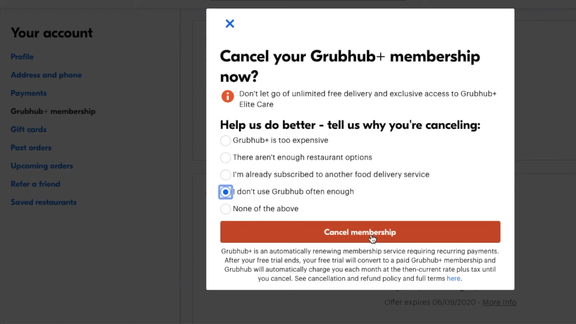 Cancel Grubhub+ Subscription