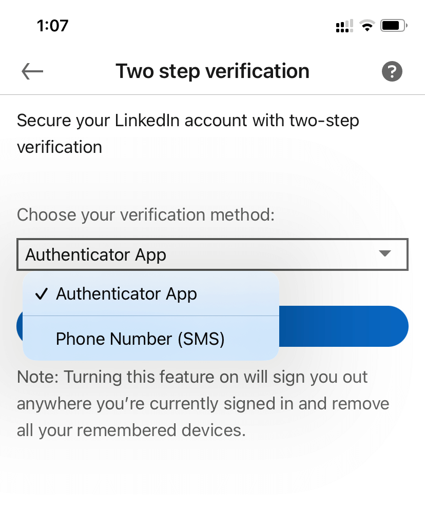 Select the Two step verification method