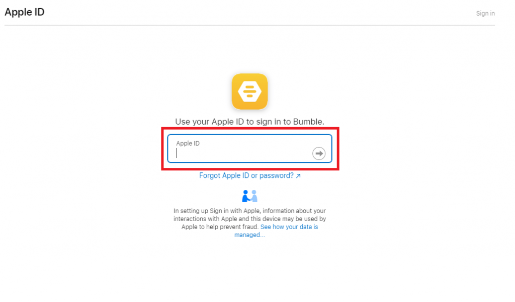 Enter Apple ID for Bumble