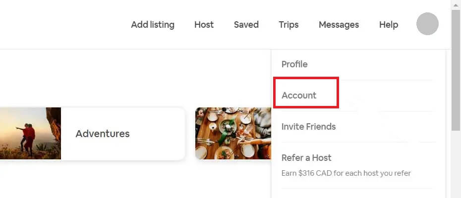 Select Account from the drop-down menu.