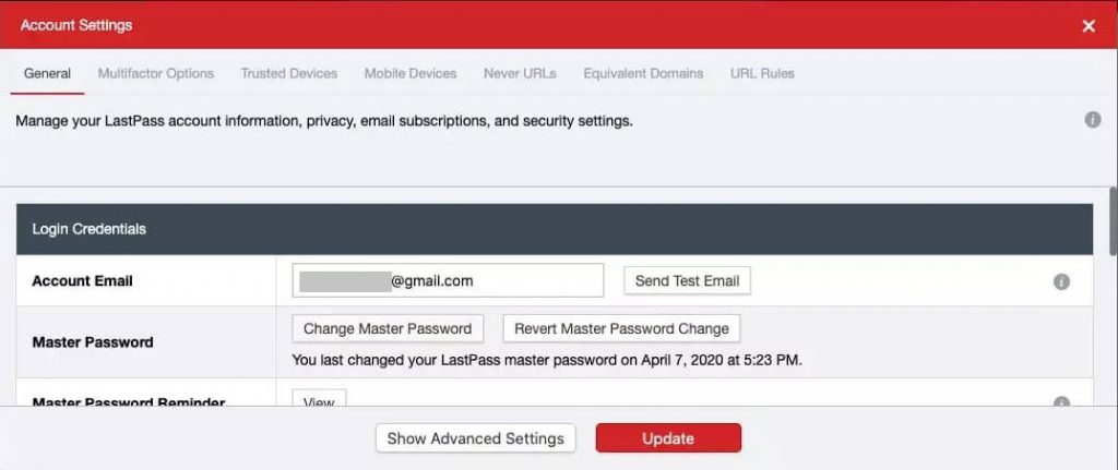 Tap the Change Master Password option on LastPass