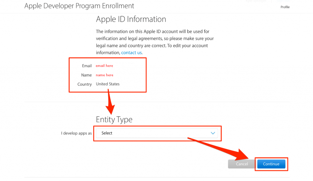 Select the entity type to create an Apple  Developer account.
