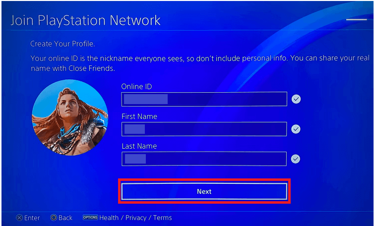 Create the Username for your PSN account and then click the Next button.