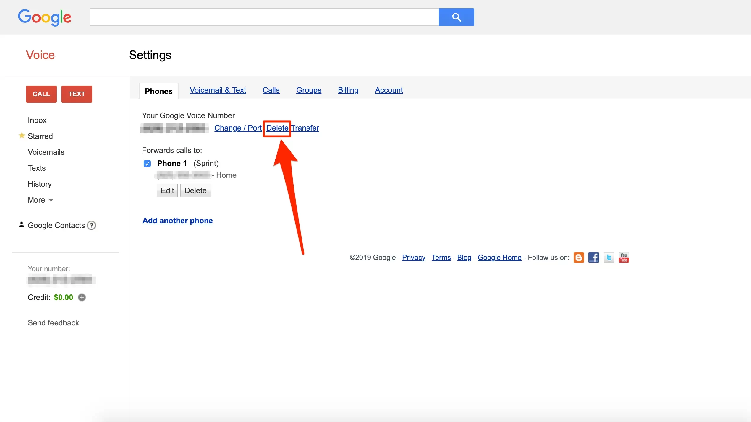 Next to your Google Voice number, click the Delete option to delete your Google Voice account permanently.