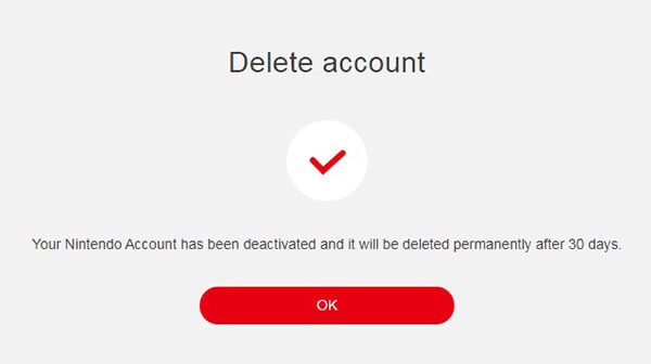 click the OK button to confirm deleting the Nintendo account.