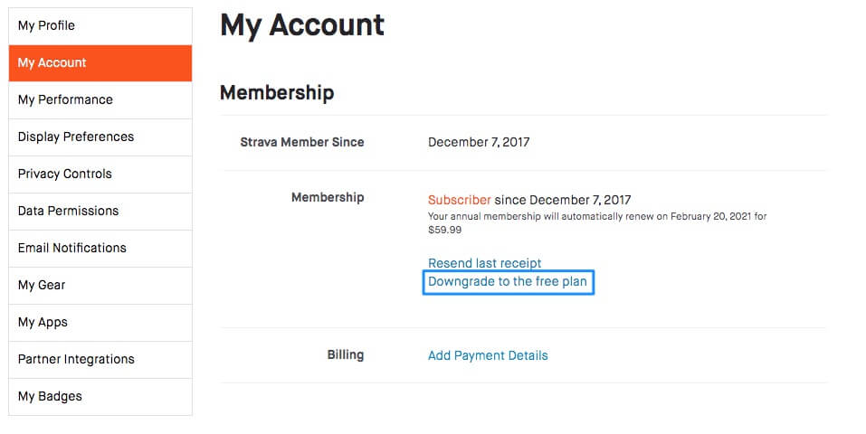 To cancel a subscription on a Strava account