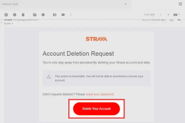 Open the email and click the Delete Your Account button to delete your Strava account