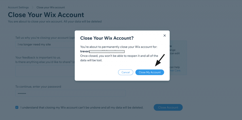 Tap Close My Account to delete your Wix account permanently.