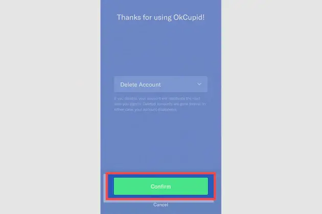Tap Confirm to delete OkCupid account.