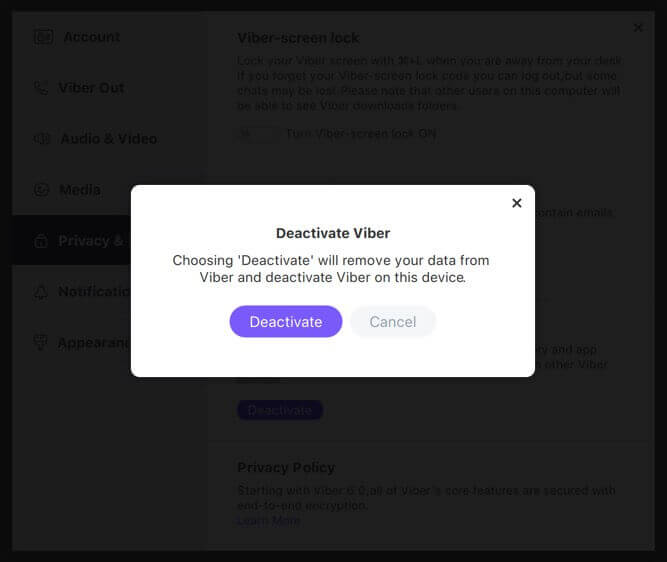 click on Deactivate button to delete Viber account.