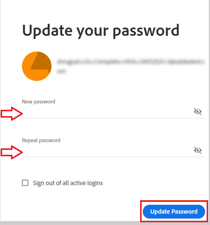 Enter the password and tap Update password to reset Adobe password.