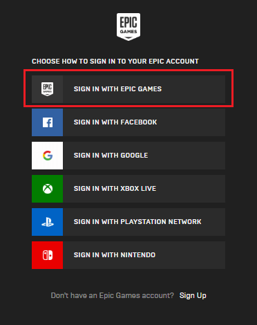 Select SIGN IN WITH EPIC GAMES from the list.