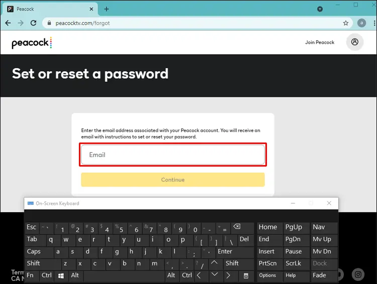 Enter the email address to Reset Peacock Password