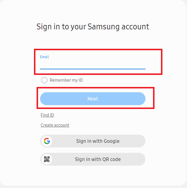 Enter the Email Address associated with the Samsung account and tap the Next button.