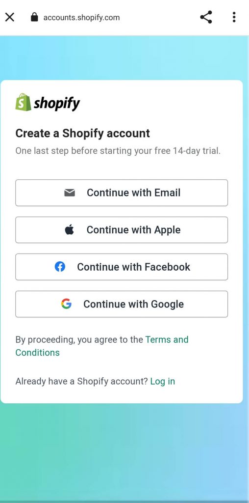 Select the option to sign up for Shopify account.