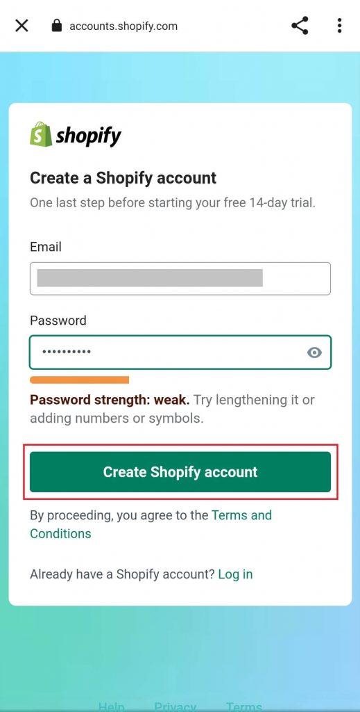 Creating Shopify account