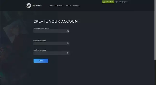 Enter your Steam Account name and choose the desired password for your account and re-enter it to confirm. Tap the Done button to sign up for a Steam account.