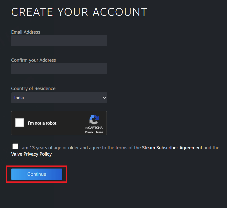 Tap the Continue button to create your Steam account