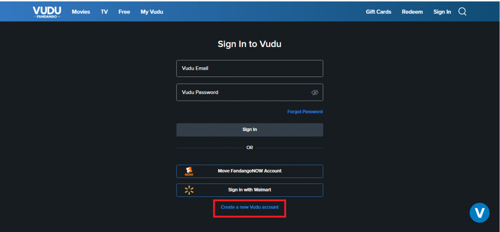 Creating new Vudu account