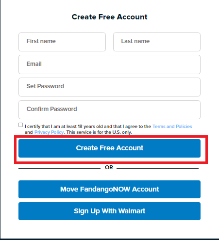 Creating free account on Vudu site