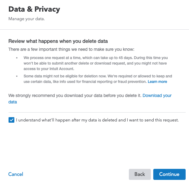 Delete data on intuit account