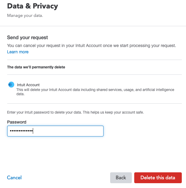 Delete Intuit account by clicking on Delete this data