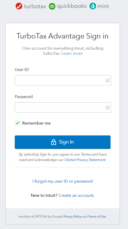 Sign in page TurboTax product