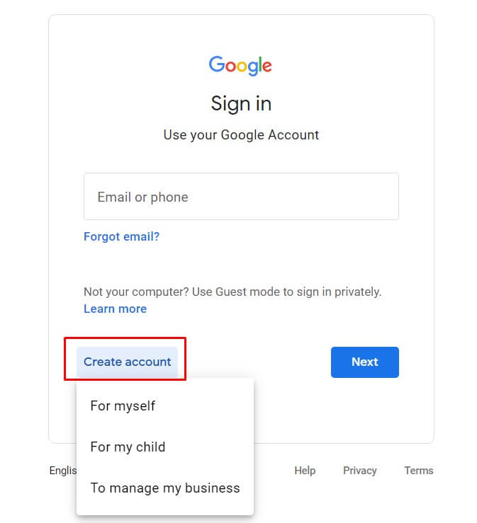 Gmail sign up using browser