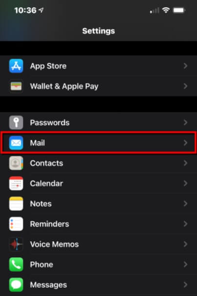 Mail option in iPhone settings