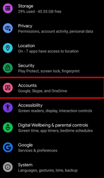 Accounts option in Android settings