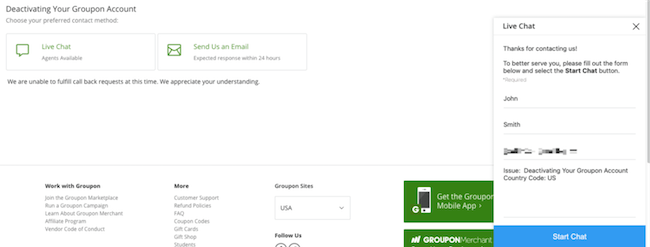 Live chat or Email option to request to deletion of Groupon account