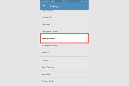 Delete account option on MyFitnessPal option on an Android device