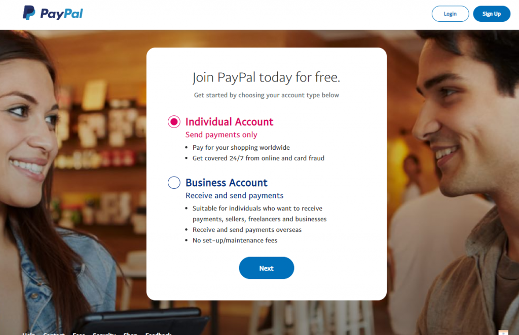 Choose the PayPal Account type you wish to Login