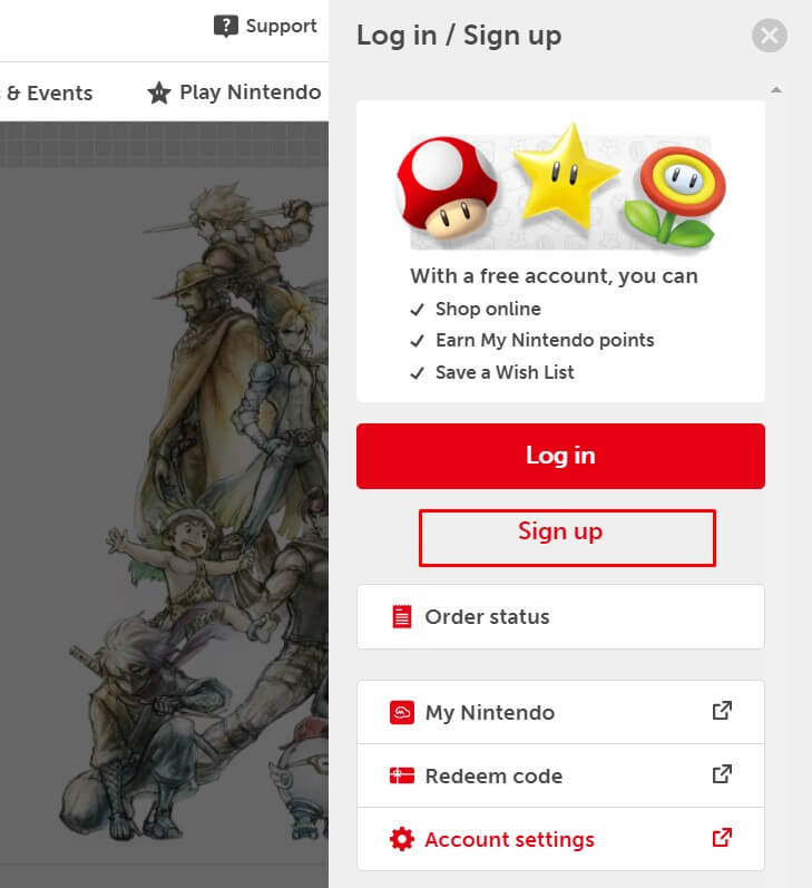 sign up option on Nintendo